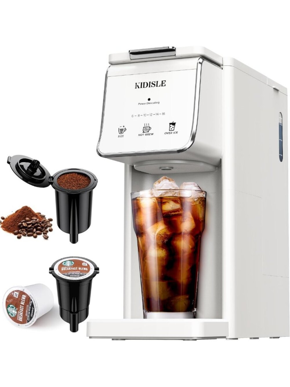 Single Serve Coffee Maker for K Cups & Ground Coffee, Hot & Iced Brew, White